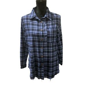 Pink Lily Casual Blue Flannel Plaid Shirt with Button Detail and Raw Hem